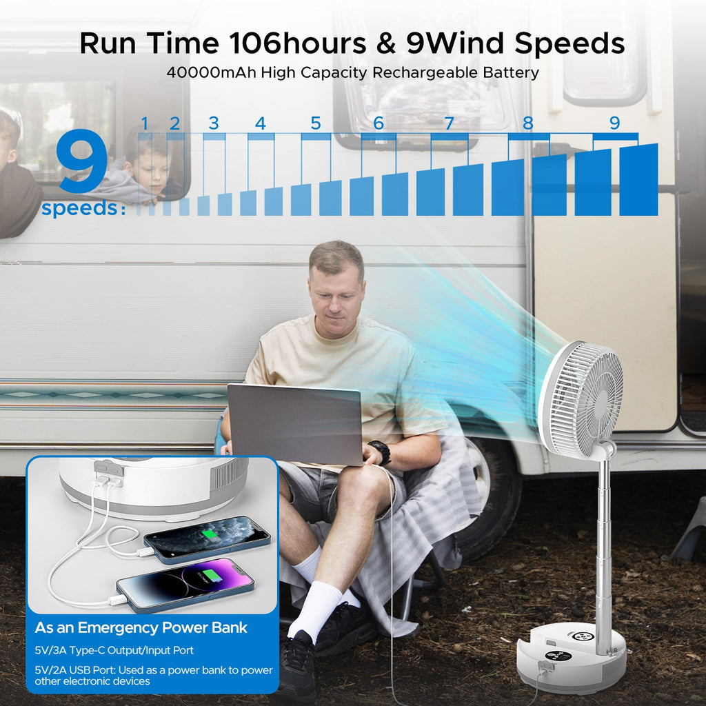 40000mAh Rechargeable Battery Operated Fan with Remote/Timer, RGB Lighting Fan